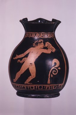 Apulian. <em>Red-Figure Chous</em>, middle of the 4th century B.C.E. Clay, slip, 5 5/8 x Diam. 4 7/16 in. (14.3 x 11.3 cm). Brooklyn Museum, Gift of Joseph V. Noble, 60.129.1. Creative Commons-BY (Photo: Brooklyn Museum, CUR.60.129.1_view3.jpg)
