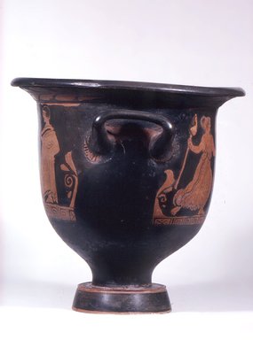 Apulian. <em>Red-Figure Bell Krater</em>, middle of the 4th century B.C.E. Clay, slip, 12 15/16 x Diam. 13 in. (32.8 x 33 cm). Brooklyn Museum, Gift of Joseph V. Noble, 60.129.3. Creative Commons-BY (Photo: Brooklyn Museum, CUR.60.129.3_view3.jpg)