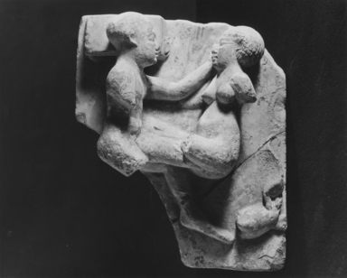  <em>Relief of a Copulating Couple</em>, 305-30 B.C.E. Limestone, base: 6 5/16 x 5 7/16 in. (16 x 13.8 cm). Brooklyn Museum, Charles Edwin Wilbour Fund, 60.181. Creative Commons-BY (Photo: , CUR.60.181_NegA_print_bw.jpg)