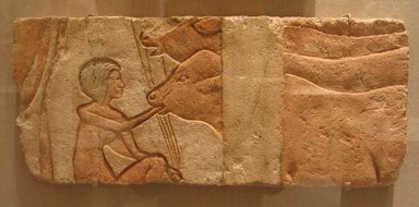  <em>Feeding Calves</em>, ca. 1352–1336 B.C.E. Limestone, pigment, 9 1/16 x 21 1/4 in. (23 x 54 cm). Brooklyn Museum, Charles Edwin Wilbour Fund, 60.197.4. Creative Commons-BY (Photo: Brooklyn Museum, CUR.60.197.4_wwg7.jpg)