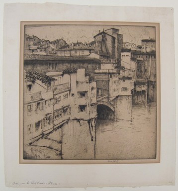 Ernest David Roth (American, 1879–1964). <em>Looking over to Ponte Vecchio, Florence</em>, 1913. Etching on cream laid paper, image: 10 1/16 x 12 1/8 in. (25.5 x 30.8 cm). Brooklyn Museum, Gift of Mrs. Mata Roudin, 61.121.2 (Photo: Brooklyn Museum, CUR.61.121.2.jpg)