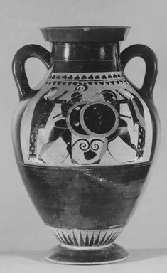 Greek. <em>Black-Figure Amphora</em>, 550-540 B.C.E. Clay, slip, 15 3/4 x diam. 10 1/16 in. (40 x 25.5 cm). Brooklyn Museum, Bequest of Mary Olcott in memory of her brother, George N. Olcott, and her grandfather, Charles Mann Olcott, one of the founders of the Brooklyn Institute of Arts and Sciences, 62.147.1. Creative Commons-BY (Photo: Brooklyn Museum, CUR.62.147.1_NegA_print_bw.jpg)