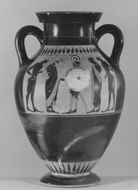 Greek. <em>Black-Figure Amphora</em>, 550-540 B.C.E. Clay, slip, 15 3/4 x diam. 10 1/16 in. (40 x 25.5 cm). Brooklyn Museum, Bequest of Mary Olcott in memory of her brother, George N. Olcott, and her grandfather, Charles Mann Olcott, one of the founders of the Brooklyn Institute of Arts and Sciences, 62.147.1. Creative Commons-BY (Photo: Brooklyn Museum, CUR.62.147.1_NegB_print_bw.jpg)