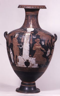 Campanian. <em>Red-Figure Hydria</em>, 2nd half of 4th century B.C.E. Clay, slip, paint, 21 1/16 x Diam. 12 in. (53.5 x 30.5 cm). Brooklyn Museum, Bequest of Mary Olcott in memory of her brother, George N. Olcott, and her grandfather, Charles Mann Olcott, one of the founders of the Brooklyn Institute of Arts and Sciences, 62.147.4. Creative Commons-BY (Photo: Brooklyn Museum, CUR.62.147.4_view1.jpg)