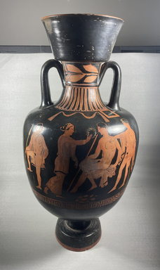 Lucanian. <em>Red-Figure Neck Amphora</em>, early 4th century B.C.E. Clay, slip, 19 3/4 × Diam. 10 7/16 in. (50.2 × 26.5 cm). Brooklyn Museum, Bequest of Mary Olcott in memory of her brother, George N. Olcott, and her grandfather, Charles Mann Olcott, one of the founders of the Brooklyn Institute of Arts and Sciences, 62.147.6. Creative Commons-BY (Photo: Brooklyn Museum, CUR.62.147.6_view01.jpg)