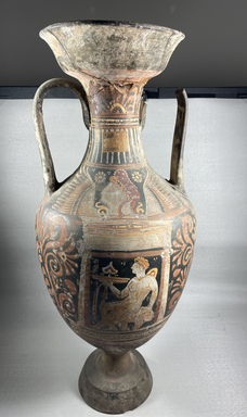Apulian. <em>Pan-Athenaic Neck Amphora</em>, late 4th century B.C.E. Clay, slip, 20 1/2 × Diam. 9 7/16 in. (52 × 24 cm). Brooklyn Museum, Bequest of Mary Olcott in memory of her brother, George N. Olcott, and her grandfather, Charles Mann Olcott, one of the founders of the Brooklyn Institute of Arts and Sciences, 62.147.7. Creative Commons-BY (Photo: Brooklyn Museum, CUR.62.147.7_view01.jpg)