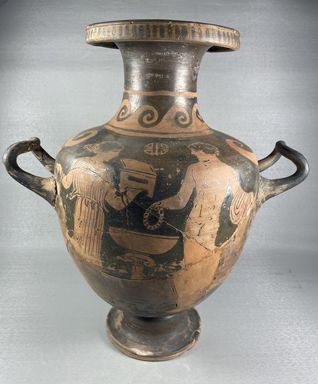 Greek. <em>Red-Figure Hydria</em>, 330-320 B.C.E. Clay, slip, 13 3/4 × 8 11/16 × 12 in. (35 × 22 × 30.5 cm). Brooklyn Museum, Bequest of Mary Olcott in memory of her brother, George N. Olcott, and her grandfather, Charles Mann Olcott, one of the founders of the Brooklyn Institute of Arts and Sciences, 62.147.9. Creative Commons-BY (Photo: Brooklyn Museum, CUR.62.147.9_view01.JPG)