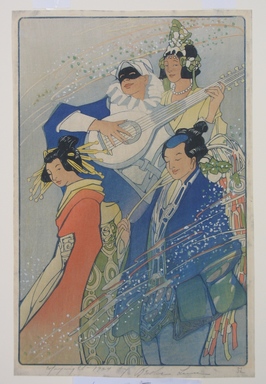 Bertha Lum (American, 1879–1954). <em>Costume Ball (or Confetti)</em>, 1924. Woodcut in color on wove paper, Sheet: 15 7/16 x 10 1/8 in. (39.2 x 25.7 cm). Brooklyn Museum, Gift of the Achenbach Foundation for Graphic Arts, 63.108.5. © artist or artist's estate (Photo: Brooklyn Museum, CUR.63.108.5.jpg)