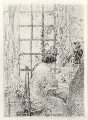 Frederick Childe Hassam (American, 1859-1935). <em>The Writing Desk</em>, 1915. Etching, 9 7/8 x 6 7/8 in.  (25.1 x 17.5 cm). Brooklyn Museum, Gift of Joseph S. Gotlieb, 63.234.2 (Photo: Brooklyn Museum, CUR.63.234.2.jpg)