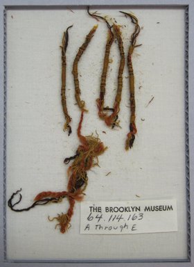 Nasca-Wari. <em>Bag?, Fragments or Textile Fragments, Undetermined</em>, 200-1000 C.E. Camelid fiber, Longest one: 5 1/4 × 3/16 in. (13.3 × 0.5 cm). Brooklyn Museum, Gift of Adelaide Goan, 64.114.163 (Photo: , CUR.64.114.163_view01.jpg)