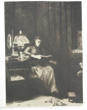 Julian Alden Weir (American, 1852–1919). <em>The Evening Lamp</em>, ca. 1890. Drypoint, etching on blue-gray laid paper, 5 1/4 x 3 7/8 in. (13.3 x 9.8 cm). Brooklyn Museum, Gift of Joseph S. Gotlieb, 64.166.5 (Photo: Brooklyn Museum, CUR.64.166.5.jpg)