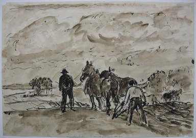 Gifford Reynolds Beal (American, 1879–1956). <em>Ploughing - Pigeon Cove</em>, n.d. Ink and wash on wove paper, Sheet: 10 1/4 x 14 3/4 in. (26 x 37.5 cm). Brooklyn Museum, Gift of Daniel and Rita Fraad, Jr., 65.260.2. © artist or artist's estate (Photo: Brooklyn Museum, CUR.65.260.2.jpg)