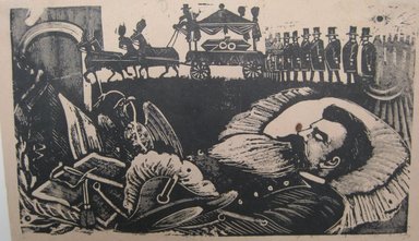 Jose Guadelupe Posada (Mexican, 1852-1913). <em>The Arrival of the Body of Citizen General Manuel Gonzales</em>. Relief engraving on type metal, 4 1/2 x 7 7/8 in. (11.4 x 20 cm). Brooklyn Museum, Gift of Wilfred P. Cohen, 66.132.2 (Photo: Brooklyn Museum, CUR.66.132.2.jpg)