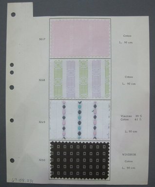 Fab-Tex Inc.. <em>Fabric Swatch</em>, 1963–1966. Cotton, some synthetic, sheet: 8 1/4 x 10 1/2 in. (21 x 26.7 cm). Brooklyn Museum, Gift of Fab-Tex Inc., 67.158.231 (Photo: Brooklyn Museum, CUR.67.158.231.jpg)