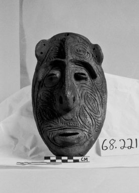  <em>Human Face Mask</em>. Ceramic, orangeware Brooklyn Museum, Caroline A.L. Pratt Fund, 68.221. Creative Commons-BY (Photo: Brooklyn Museum, CUR.68.221_bw.jpg)