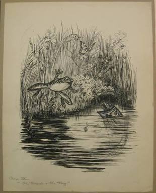 Reginald Birch (American, born London, England, 1856–1943). <em>Chapter IX "The Animal Village," "The Tadpole and the Frog,"</em> 1940. Black ink with touches of white correction fluid on heavy wove paper, Sheet: 21 1/16 x 16 1/2 in. (53.5 x 41.9 cm). Brooklyn Museum, Gift of William G. Lord, 68.225.15 (Photo: Brooklyn Museum, CUR.68.225.15.jpg)