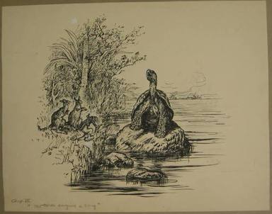 Reginald Birch (American, born London, England, 1856–1943). <em>Chapter I "The Animal Village" by Charles E. Lord "A Turtle Singing a Song,"</em> 1940. Black ink with touches of white correction fluid on heavy wove paper, Sheet: 12 1/2 x 16 in. (31.8 x 40.6 cm). Brooklyn Museum, Gift of William G. Lord, 68.225.5 (Photo: Brooklyn Museum, CUR.68.225.5.jpg)