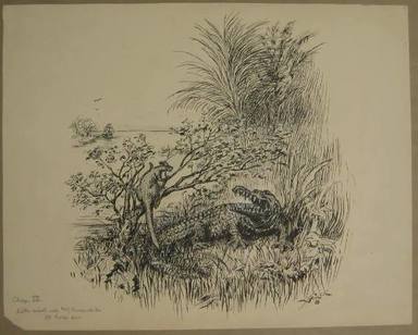 Reginald Birch (American, born London, England, 1856–1943). <em>Chapter IV "The Animal Village," "Little Wiste Asked Mr. Crocodile to Help Him,"</em> 1940. Black ink with touches of white correction fluid on heavy wove paper, Sheet: 14 3/16 x 17 15/16 in. (36 x 45.6 cm). Brooklyn Museum, Gift of William G. Lord, 68.225.8 (Photo: Brooklyn Museum, CUR.68.225.8.jpg)