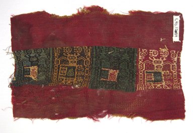 Coastal Wari (attrib by Nobuko Kajatani, 1993). <em>Mantle, Fragment</em>, 600–1000. Cotton, camelid fiber, 7 5/16 × 11 3/8 in. (18.6 × 28.9 cm). Brooklyn Museum, Gift of Ernest Erickson, 70.177.53. Creative Commons-BY (Photo: Brooklyn Museum, CUR.70.177.53.jpg)