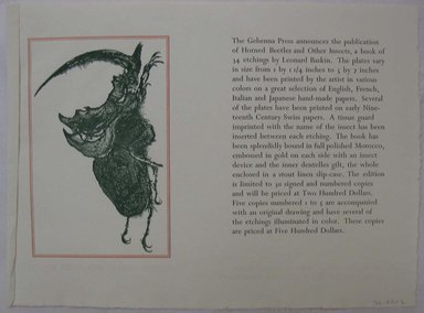 Leonard Baskin (American, 1922-2000). <em>Ephemera, Book Plate from Ephemera Announcement</em>, 1958. Print, Sheet: 9 x 12 3/16 in. (22.9 x 31 cm). Brooklyn Museum, Gift of Leonard Baskin, 70.33.12. © artist or artist's estate (Photo: Brooklyn Museum, CUR.70.33.12.jpg)