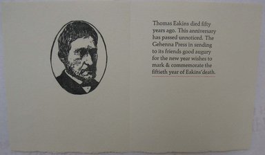 Leonard Baskin (American, 1922-2000). <em>Ephemera, For Eakins</em>, 1966. Print, Sheet: 4 3/4 x 7 15/16 in. (12.1 x 20.2 cm). Brooklyn Museum, Gift of Leonard Baskin, 70.33.15. © artist or artist's estate (Photo: Brooklyn Museum, CUR.70.33.15.jpg)