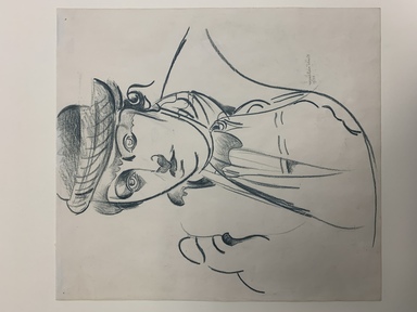 Wyndham Lewis (British, 1882-1957). <em>Head of a Woman</em>, 1938. Green crayon on paper, sheet: 14 1/4 x 12 3/4 in. (36.2 x 32.4 cm). Brooklyn Museum, Gift of The Henfield Foundation, 70.34. © artist or artist's estate (Photo: Brooklyn Museum, CUR.70.34-1.jpg)