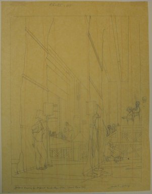 Gerald K. Geerlings (American, 1897-1998). <em>Back Stage 8 P.M.</em>, 1932. Graphite and red pencil on tissue paper, Sheet: 12 7/8 x 10 in. (32.7 x 25.4 cm). Brooklyn Museum, Gift in memory of Clarence John Marsman, 70.75.23 (Photo: Brooklyn Museum, CUR.70.75.23.jpg)