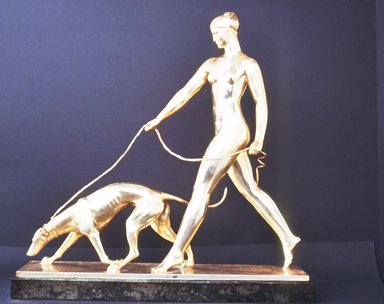 Raymond Leon Rivoire (French, born Cussel, 1884). <em>Sculpture of Woman Walking Greyhound</em>, ca. 1930. Bronze, marble, 23 1/8 x 24 x 6 1/2 in. (58.7 x 61 x 16.5 cm). Brooklyn Museum, Gift of Mr. and Mrs. Raymond Worgelt, 72.2.2. Creative Commons-BY (Photo: Brooklyn Museum, CUR.72.2.2.jpg)