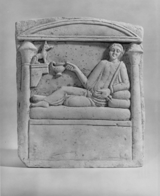 Roman. <em>Funerary Stela</em>, ca. 2nd century C.E. Limestone, 14 3/4 × 12 3/16 × 3 1/16 in. (37.5 × 31 × 7.8 cm). Brooklyn Museum, Charles Edwin Wilbour Fund, 72.60. Creative Commons-BY (Photo: Brooklyn Museum, CUR.72.60_NegC_print_bw.jpg)