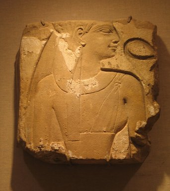 Egyptian. <em>Relief Fragment of Shepenwepet II</em>, ca. 700 B.C.E. Sandstone, 11 7/16 x 11 5/8 x 2 3/16 in. (29.1 x 29.6 x 5.6 cm). Brooklyn Museum, Charles Edwin Wilbour Fund, 74.99.2. Creative Commons-BY (Photo: Brooklyn Museum, CUR.74.99.2_wwg8.jpg)