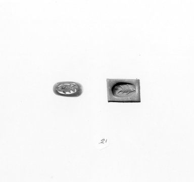 Ancient Near Eastern. <em>Stamp Seal: Fish</em>, 3rd-7th century C.E. Chalcedony, 1/2 x 1/4 x 7/16 in. (1.3 x 0.6 x 1.1 cm). Brooklyn Museum, Designated Purchase Fund, 75.55.21. Creative Commons-BY (Photo: Brooklyn Museum, CUR.75.55.21_negA_bw.jpg)