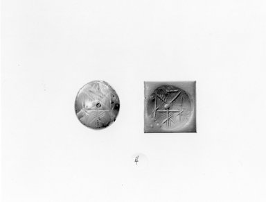 Sasanian. <em>Stamp Seal: Gayomard Figure Holding Two Poles, Dog Below</em>, 3rd-7th century C.E. Chalcedony, 11/16 x 3/4 x 13/16 in. (1.7 x 1.9 x 2.1 cm). Brooklyn Museum, Designated Purchase Fund, 75.55.4. Creative Commons-BY (Photo: Brooklyn Museum, CUR.75.55.4_negA_bw.jpg)