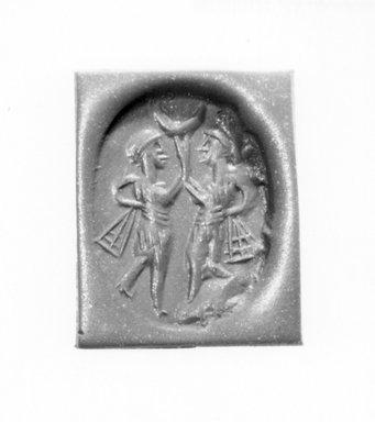 Ancient Near Eastern. <em>Stamp Seal: Two Dancers with Ribbons, Crescent</em>, 3rd-7th century C.E. (possibly). Chalcedony, Accession Cards: Measurements:. Brooklyn Museum, Designated Purchase Fund, 75.55.5. Creative Commons-BY (Photo: Brooklyn Museum, CUR.75.55.5_negC_bw.jpg)