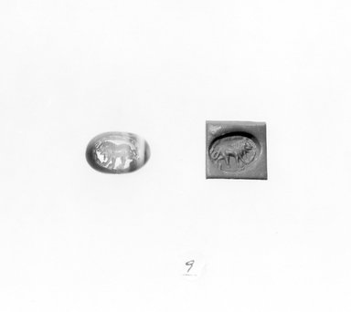 Ancient Near Eastern. <em>Stamp Seal: Walking Lion</em>, 3rd-7th century C.E. Chalcedony, 9/16 x 3/8 x 1/2 in. (1.5 x 0.9 x 1.3 cm). Brooklyn Museum, Designated Purchase Fund, 75.55.9. Creative Commons-BY (Photo: Brooklyn Museum, CUR.75.55.9_negA_bw.jpg)