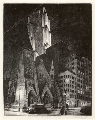 Grace Arnold Albee (American, 1890-1995). <em>Contrast-Rockefeller Center</em>, 1934. Wood engraving on paper, Sheet: 9 5/16 x 7 5/16 in. (23.7 x 18.6 cm). Brooklyn Museum, Gift of the artist, 76.198.85. © artist or artist's estate (Photo: Brooklyn Museum, CUR.76.198.85.jpg)