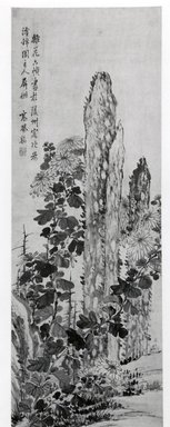 Gao Fenghan. <em>Chrysanthemum and Garden Rocks, Hanging Scroll</em>, 18th century. Ink and light color on paper, Image: 47 x 15 1/2 in. (119.4 x 39.4 cm). Brooklyn Museum, A. Augustus Healy Fund, Asian Art Acquisition Fund and Designated Purchase Fund, 78.150 (Photo: Brooklyn Museum, CUR.78.150_bw.jpg)