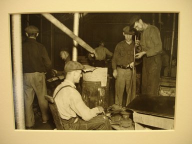 Lewis Wickes Hine (American, 1874-1940). <em>[Untitled] (Men Blowing Glass/Manufacture)</em>, 1936-1937. Gelatin silver photograph, 4 3/4 x 7 1/4 in.  (12.1 x 18.4 cm). Brooklyn Museum, Gift of the National Archives, 79.143.114 (Photo: Brooklyn Museum, CUR.79.143.114.jpg)