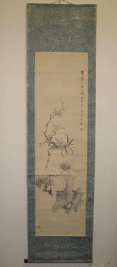 Murata Unkei (Japanese, active ca. 1830-1850). <em>The Three Firends (Pine, Plum, and Bamboo)</em>, dated 1844. Hanging scroll, ink on paper, Image: 53 1/4 x 14 3/4 in. (135.3 x 37.5 cm). Brooklyn Museum, Gift of Dr. Ralph C. Marcove, 81.194.6 (Photo: Brooklyn Museum, CUR.81.194.6_overall.jpg)