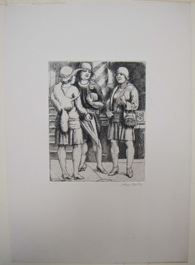 Kenneth Hayes Miller (American, 1876–1954). <em>Three Girls Meeting</em>, 1929. Etching on paper, 19 7/16 x 14 3/16 in. (49.3 x 36.1 cm). Brooklyn Museum, Gift of Bernice and Robert Dickes, 82.142.14 (Photo: Brooklyn Museum, CUR.82.142.14.jpg)