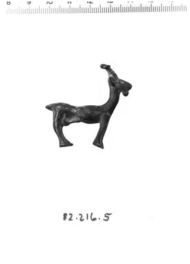  <em>Statuette of Goat</em>, ca. 1100-600 B.C.E. Bronze, 1 5/8 x 1 3/4 in. (4.2 x 4.5 cm). Brooklyn Museum, Gift of Ben B. Shepps, 82.216.5. Creative Commons-BY (Photo: Brooklyn Museum, CUR.82.216.5_NegA_print_bw.jpg)