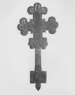 Amhara. <em>Hand Cross (mäsqäl)</em>, 17th or 18th century?. Wood, 16 1/2 x 7 3/4 in. (42.3 x 19.7 cm). Brooklyn Museum, Gift of George V. Corinaldi, Jr., 84.108.2. Creative Commons-BY (Photo: Brooklyn Museum, CUR.84.108.2_print_bw.jpg)
