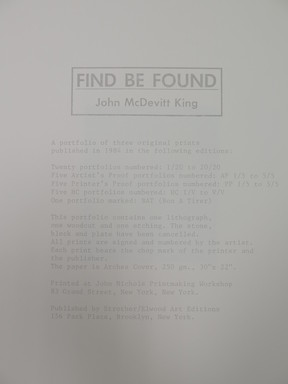 John McDevitt King (American, born 1954). <em>Title Page and Colophon</em>, 1984. Printed text, Sheet: 30 1/8 x 22 3/8 in. (76.5 x 56.8 cm). Brooklyn Museum, Designated Purchase Fund, 84.166.4. © artist or artist's estate (Photo: , CUR.84.166.4.jpg)