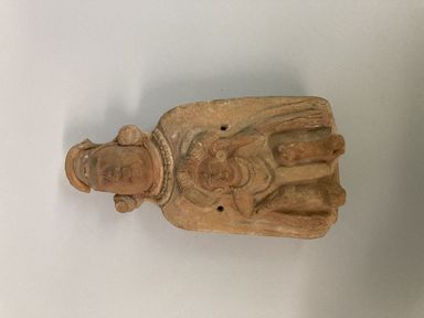 Maya. <em>Woman Sheltering a Man (Rattle)</em>, 600-800. Ceramic, traces of pigment, 8 1/4 × 3 1/4 × 1/8 in. (21 × 8.3 × 0.3 cm). Brooklyn Museum, Gift of Frederic Zeller, 85.262.5. Creative Commons-BY (Photo: Brooklyn Museum, CUR.85.262.5_view01.jpg)