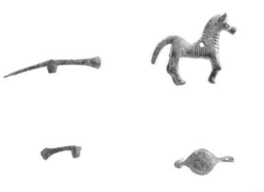  <em>Miniature Horse</em>, ca. 9th century B.C.E. Bronze, 1 3/4 x 2 1/4in. (4.4 x 5.7cm). Brooklyn Museum, Gift of the Ernest Erickson Foundation, Inc., 86.226.48. Creative Commons-BY (Photo: , CUR.86.226.40_86.226.48_86.226.50_86.226.53_NegID_86.226.48_ GRPA_print_bw.jpg)