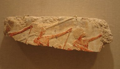  <em>Relief of Oarsmen and Dancers</em>, ca. 1479–1457 B.C.E. Limestone, pigment, 3 15/16 x 13 1/8 in. (10 x 33.3 cm). Brooklyn Museum, Gift of the Ernest Erickson Foundation, Inc., 86.226.7. Creative Commons-BY (Photo: Brooklyn Museum, CUR.86.226.7_wwg8.jpg)