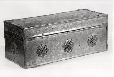  <em>Sutra Box with Lid and Three Sutras</em>, 18th century. Wood, gilt copper, lacquer, 5 1/2 x 5 1/2 x 14 in. (14 x 14 x 35.6 cm). Brooklyn Museum, Gift of Dr. and Mrs. John P. Lyden, 86.271.46a-b. Creative Commons-BY (Photo: Brooklyn Museum, CUR.86.271.46a-b_bw.jpg)