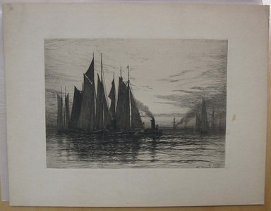 Henry Farrer (American, 1843-1903). <em>Untitled (Harbor Scene with Tug Boat)</em>, 1886. Etching, Image: 5 7/8 x 8 1/4 in. (14.9 x 21 cm). Brooklyn Museum, Gift of Dr. Clark S. Marlor, 88.6.2 (Photo: Brooklyn Museum, CUR.88.6.2.jpg)