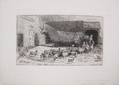 John Austin Sands Monks (American, 1850 –1917). <em>Untitled (Barnyard Scene with Sheep)</em>, n.d. Etching on simulated laid paper, Image (Plate): 6 x 9 13/16 in. (15.2 x 24.9 cm). Brooklyn Museum, Gift of Dr. Clark S. Marlor, 88.6.6 (Photo: Brooklyn Museum, CUR.88.6.6.jpg)