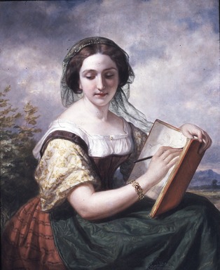 Daniel Huntington (American, 1816-1906). <em>The Sketcher: A Portrait of Mlle Rosina, a Jewess</em>, 1858. Oil on canvas, 39 x 31 3/16 in. (99.1 x 79.2 cm). Brooklyn Museum, Transferred from the Brooklyn Institute of Arts and Sciences to the Brooklyn Museum, 97.33 (Photo: Brooklyn Museum, CUR.97.33.jpg)