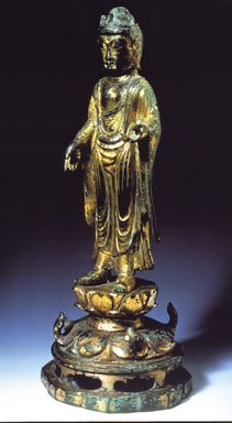  <em>Figure of Standing Medicine Buddha (Bhaishajyaguru)</em>, ca. 8th century. Gilt bronze, height: 9 1/4 in. (23.5 cm). Lent by the Carroll Family Collection, L2018.6.18 (Photo: , CUR.L2018.6.18.jpg)